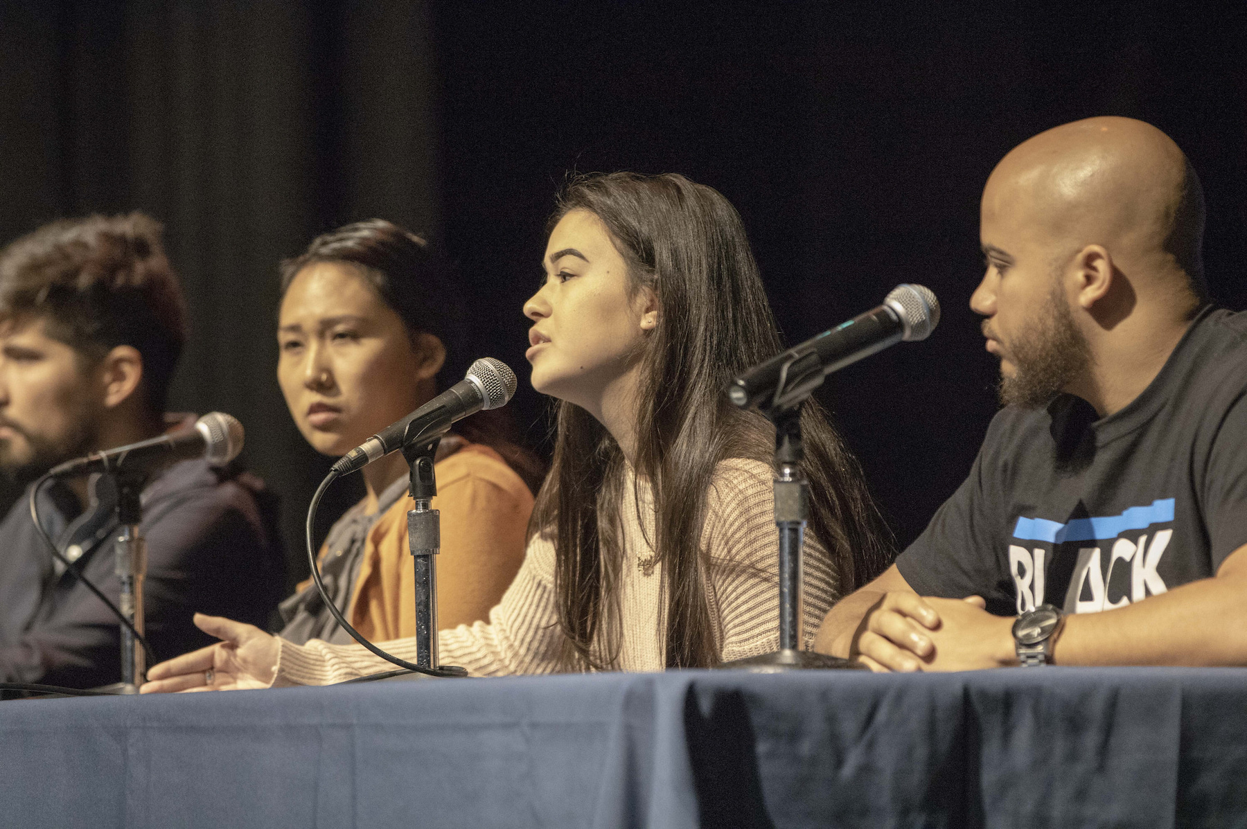 Alumni panelists, from left, Sheila Nem MURP ’15, Sofia Espinoza MPP ’18, and Isaac Bryan MPP ’18. Photo by Mary Braswell