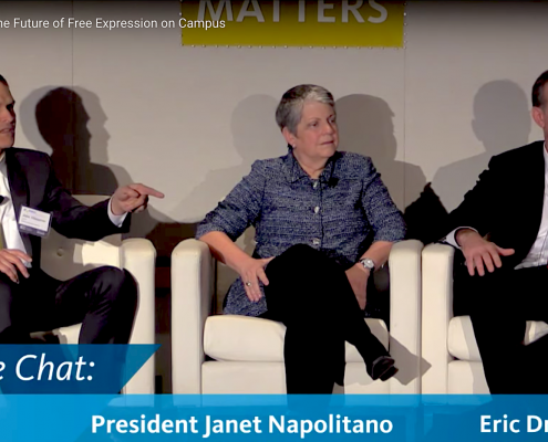UCLA Luskin public policy professor John Villasenor, left, with UC President Janet Napolitano and Assistant Attorney General Eric Dreiband.