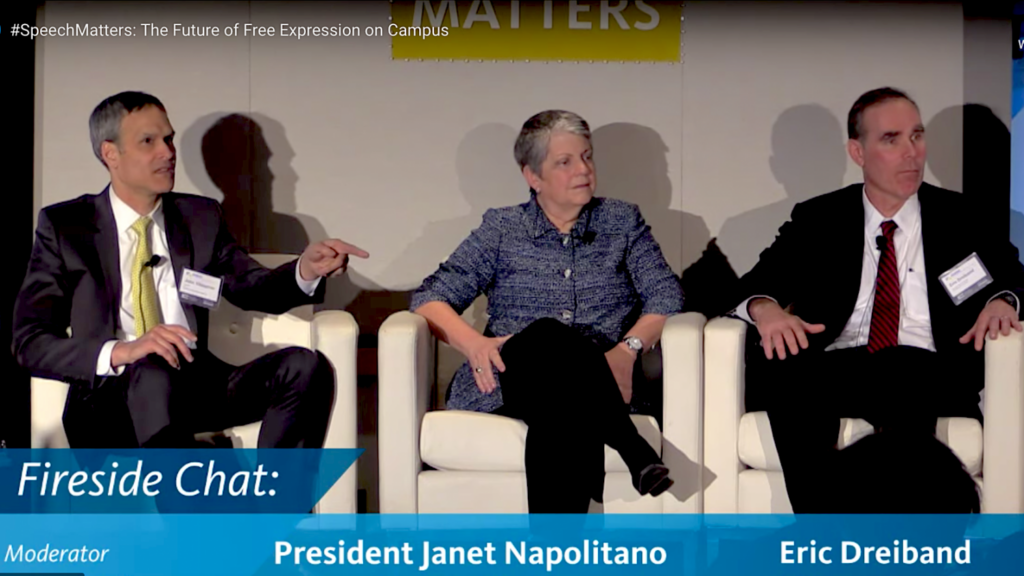 UCLA Luskin public policy professor John Villasenor, left, with UC President Janet Napolitano and Assistant Attorney General Eric Dreiband.