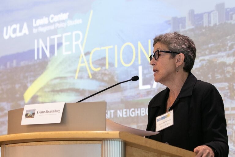 Lewis Center Director Evelyn Blumenberg at the inaugural InterActions LA event on regional growth and equity. Photo by Amy Tierney