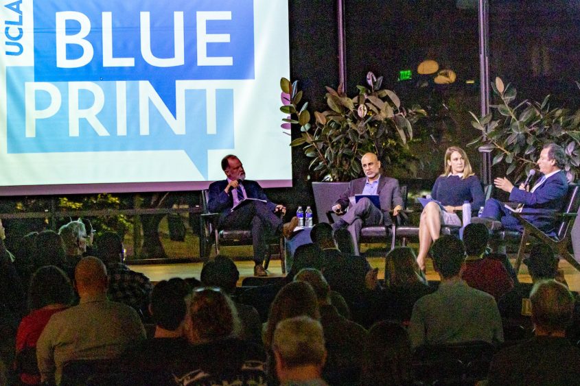 Blueprint editor Jim Newton, left, with panelists Vinit Mukhija, Christina Miller and Phil Ansell. Photo by Les Dunseith