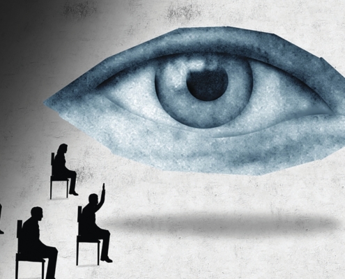 graphic of large eye and seated students