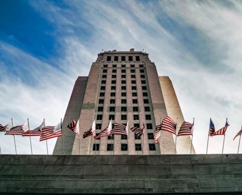 U.S. flags in front of L.A. City Hall
