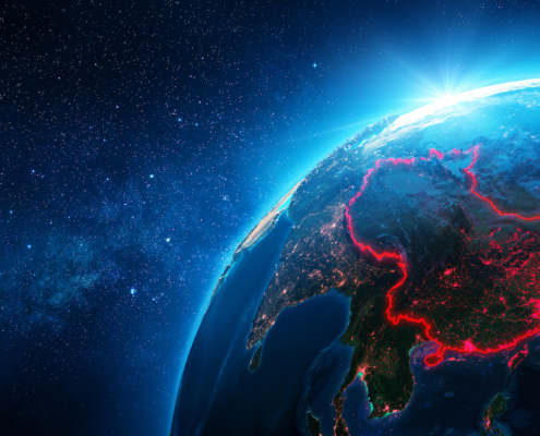 stock photo represents China outlined on a globe as seen from space
