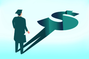 stock illustration of graduating student whose shadow is shaped like a dollar sign