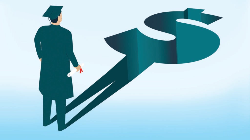stock illustration of graduating student whose shadow is shaped like a dollar sign