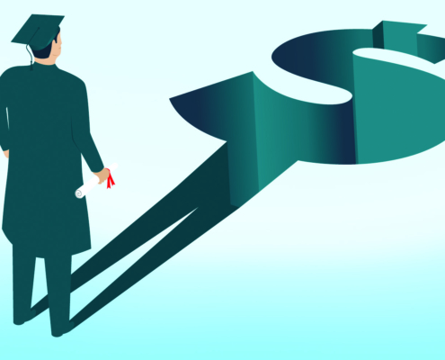 stock illustration of graduating student whose shadow is shaped like a dollar sign