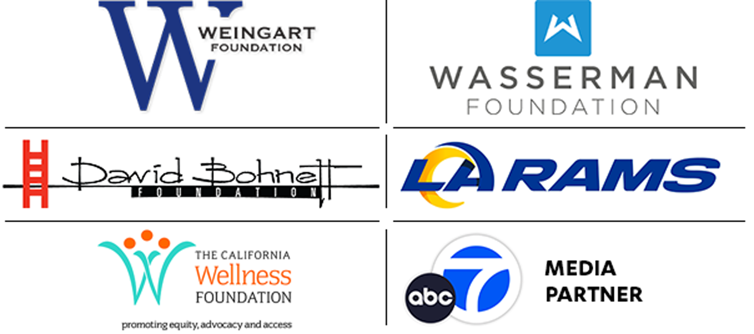 logos of Weingart, Wasserman, Bohnett and California Wellness foundations, plus LA Rams and ABC7