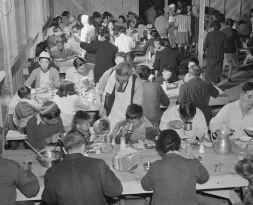 Incarcerated Japanese Americans in dining hall during World War II