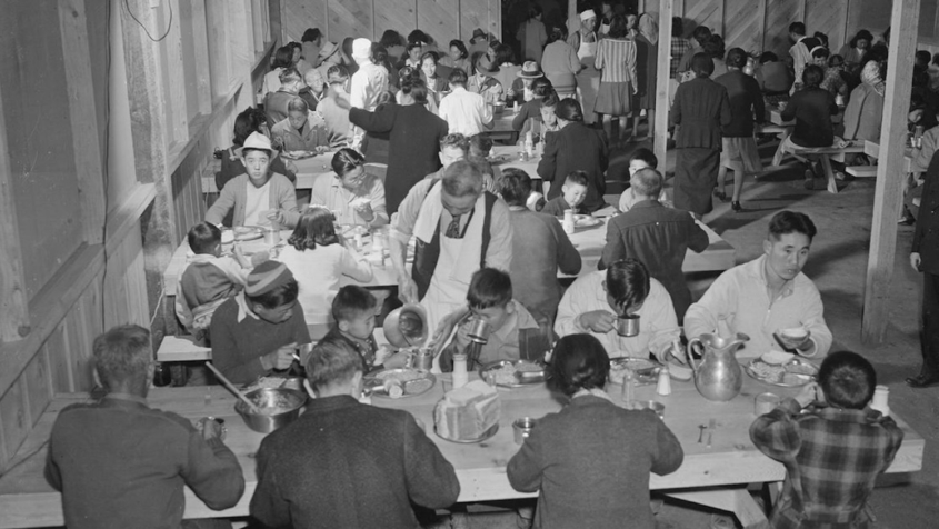 Incarcerated Japanese Americans in dining hall during World War II