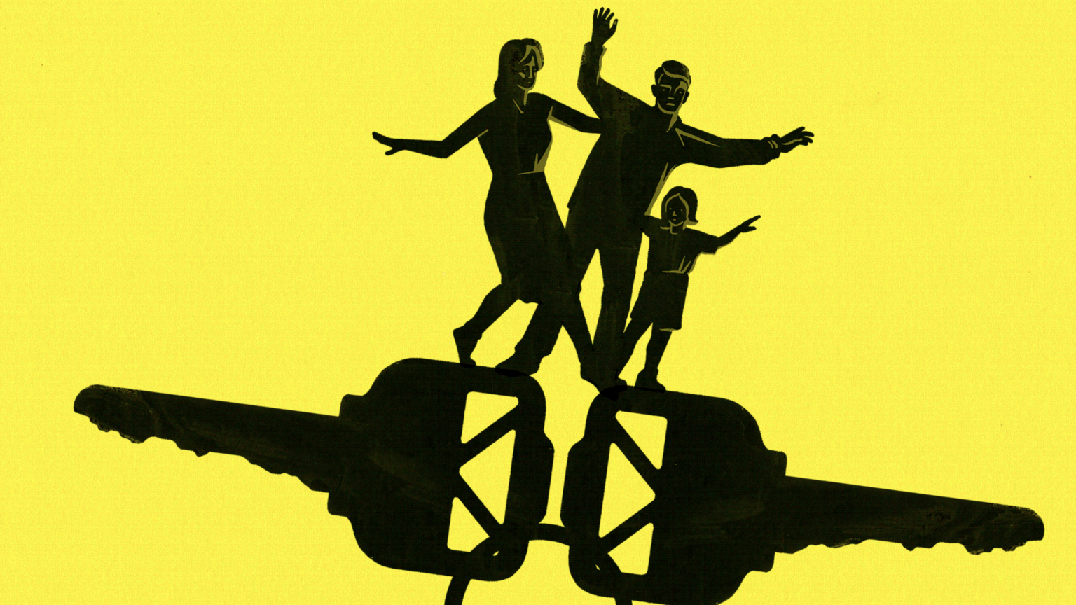 Silhouette of mother, father and child balance on a large set of keys