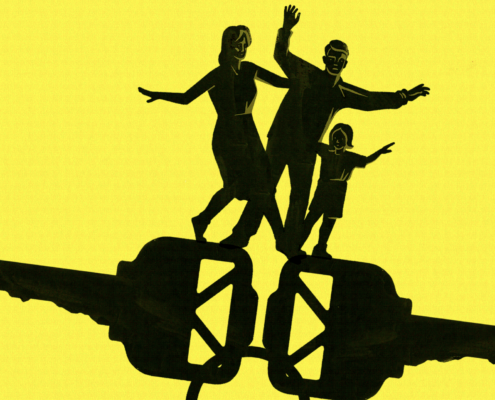 Silhouette of mother, father and child balance on a large set of keys