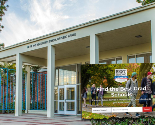 UCLA public affairs building and magazine cover o grad school ratings