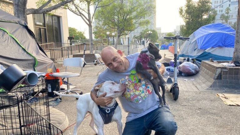 Man smiles and poses crouched down with two dogs