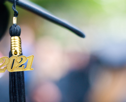 Closeup of a 2021 Graduation Tassel at a graduation ceremony.