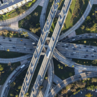 overhead view of a complex freeway interchange in downtown Los Angeles
