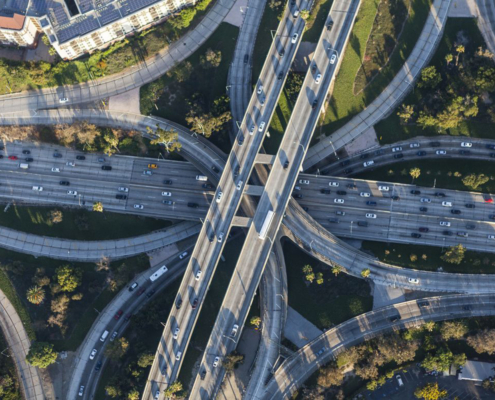 overhead view of a complex freeway interchange in downtown Los Angeles