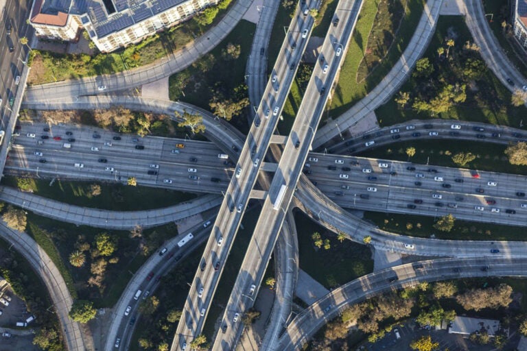 overhead view of a complex freeway interchange in downtown Los Angeles