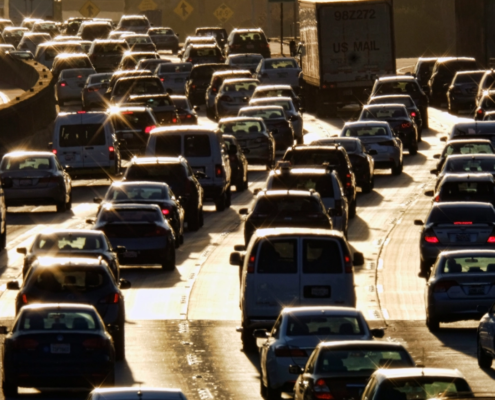Morning rush hour traffic makes its way along US 101 near downtown Los Angeles.