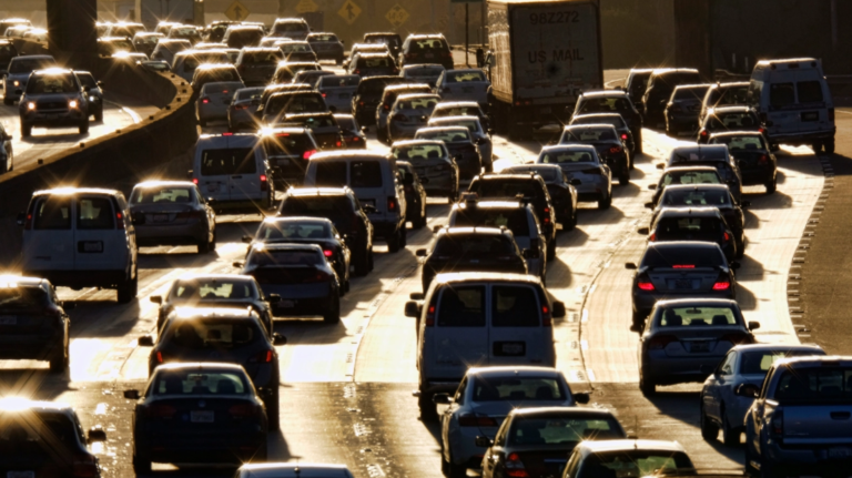 Morning rush hour traffic makes its way along US 101 near downtown Los Angeles.