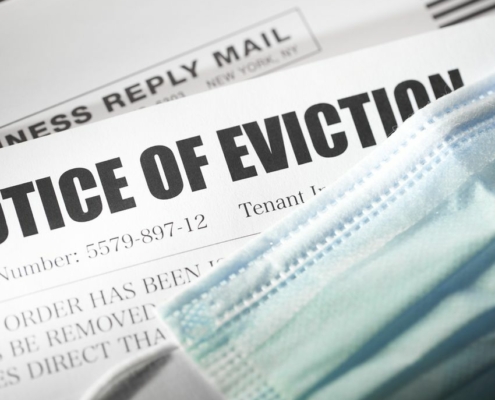 blue mask with notice of eviction