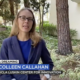 Woman wearing glasses and a blue blazer speaking in a garden at UCLA in an excerpt from ABC7 News
