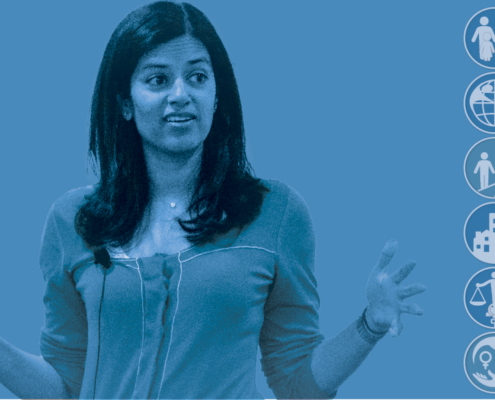 Image of Professor Shah speaking and gesturing with her hands with a blue overlay.