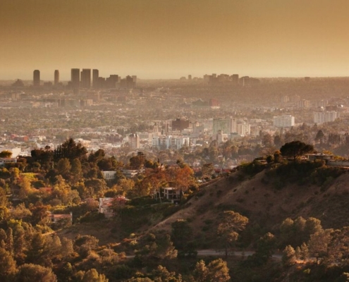 brown cast over Los Angeles skyline and hills