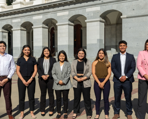 young people from UCLA pose outside the Statehouse in Sacramento