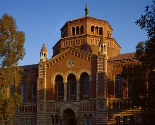 Powell Library framed by trees at sunset