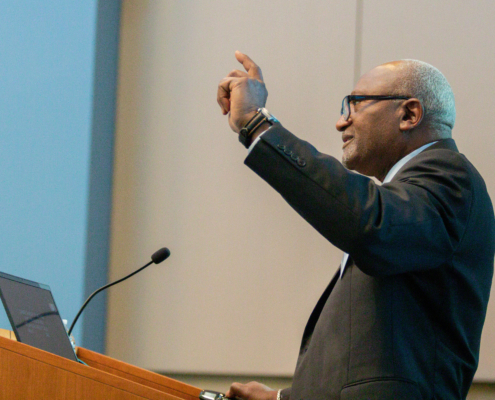 African American Robert Bullard gestures during a talk at UCLA