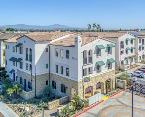 Aerial view of motel that was converted into a 54-unit affordable and supportive housing apartment complex for the homeless and low-income seniors