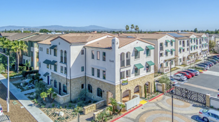 Aerial view of motel that was converted into a 54-unit affordable and supportive housing apartment complex for the homeless and low-income seniors