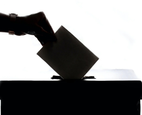 silhouette of hand placing ballot into box