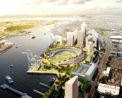 Aerial view rendering of the proposed Oakland A's stadium in the Port of Oakland