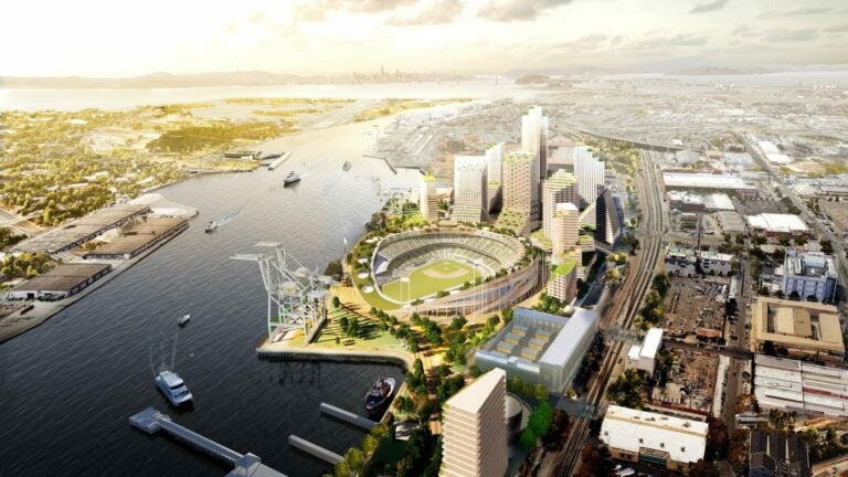 Aerial view rendering of the proposed Oakland A's stadium in the Port of Oakland