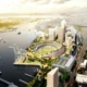 Aerial view rendering of the proposed Oakland A's stadium in the Port of Oakland