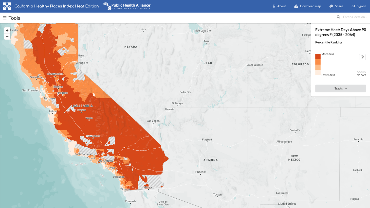 image shows a map of California color-coded by days of extreme heat