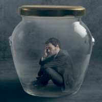 illlustration with man in suit inside glass jar