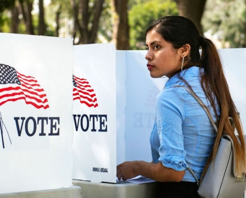 Woman at outdoor voting station