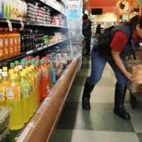 woman stocks refrigerator case at grocery story