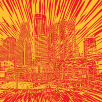 graphic showing urban skyline in orange and yellow