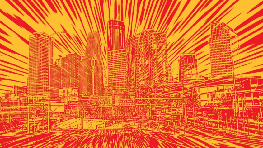 graphic showing urban skyline in orange and yellow