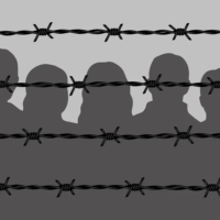 illustration shows silhouette of people behind barbed wire