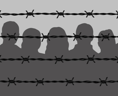illustration shows silhouette of people behind barbed wire