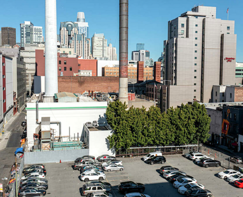 parking lot next to buildings
