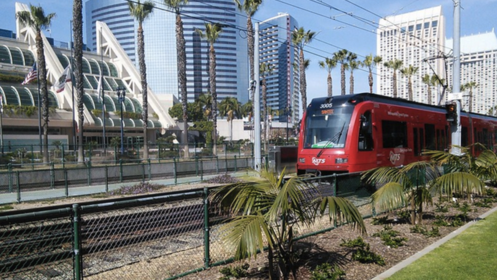 Light rail in front of city skyline