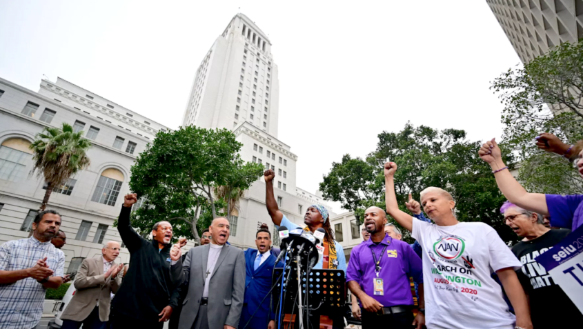 crowd of protesters in front of L.A. City Hall