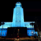 Los Angeles City Hall lit up with blue light