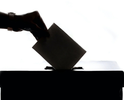 silhouette of hand placing ballot in box
